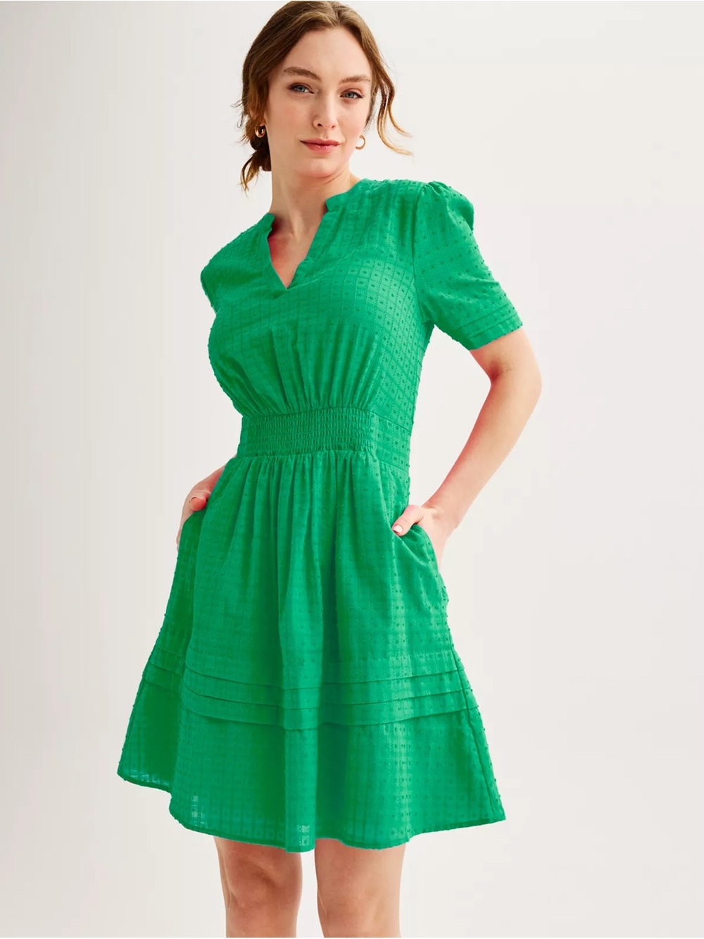 Draper James Dotted Windowpane Smocked Waist V-Neck Mini Dress Green